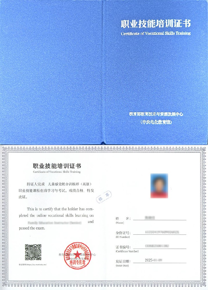 教育部教育技术与资源发展中心(中央电化教育馆) 职业技能培训证书 儿童感觉统合训练师证证书样本