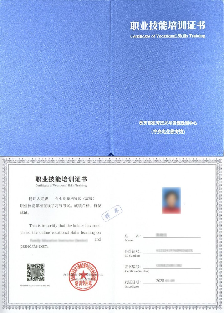 教育部教育技术与资源发展中心(中央电化教育馆) 职业技能培训证书 创业创新指导师证证书样本
